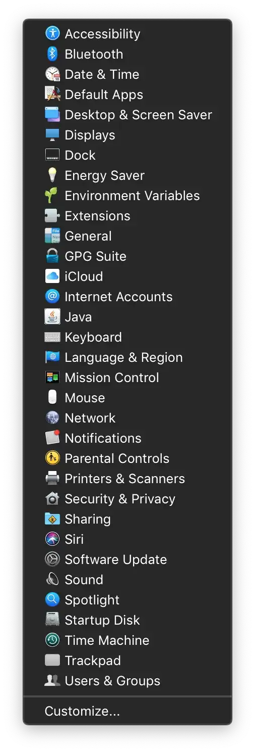 List of preference panes