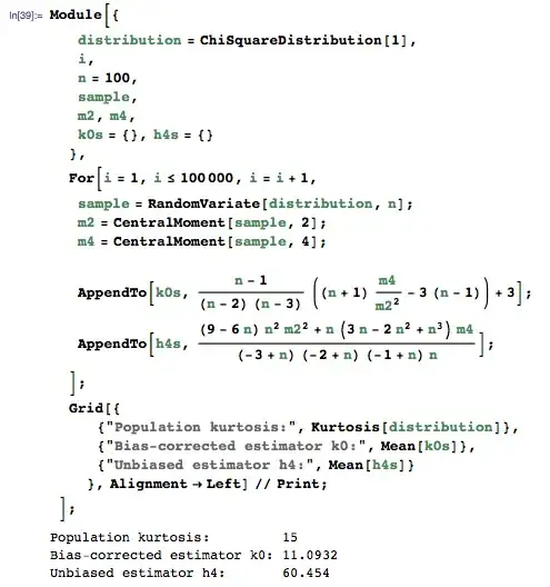 Mathematica simulation for calculating the average of multiple bias-corrected kurtosis estimates using samples from a chi-squared distribution.