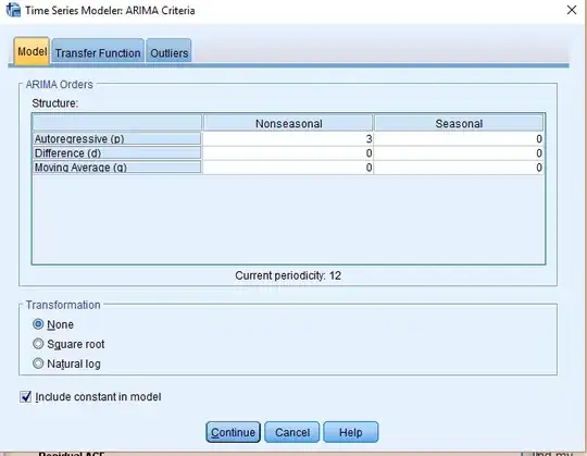 SPSS window for specifying the Transfer function for the "model"