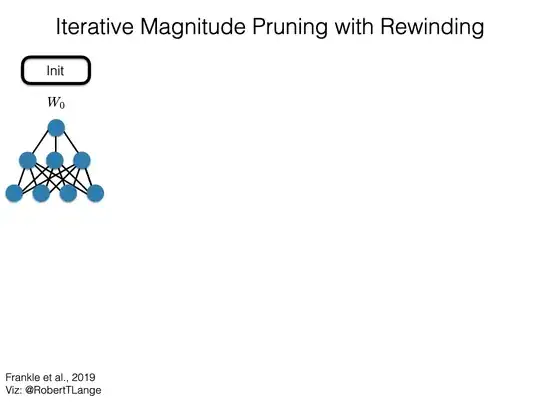 Animated illustration of an algorithm pruning a neural network to a smaller sub-network.