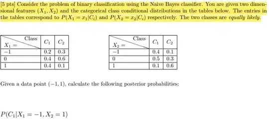 Consider the probkem of binary classification using Naive Bayes Classifier. You are given two dimensional features and categorical conditiobal distributions in the tables below.