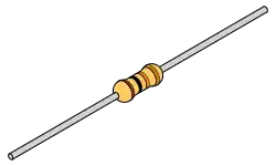 A through-hole mounted (axial) resistor with untrimmed leads. This is a 10kΩ, 5% tolerance resistor.